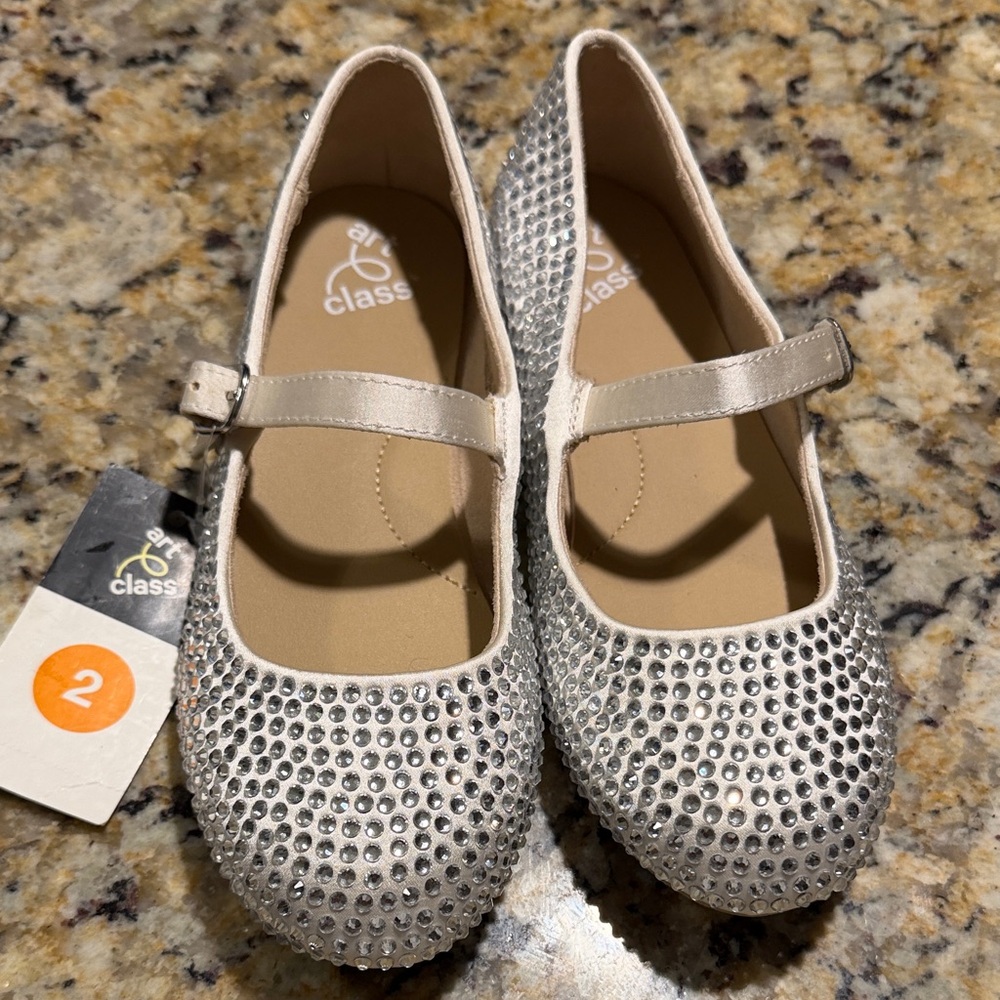 art class Girls Silver Rhinestone Mary Jane Flats.